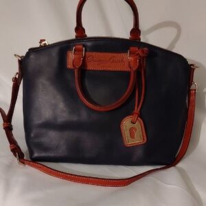 Dooney & Bourke Dark Blue and Tan Satchel. "Missing Shoulder  Strap holders"